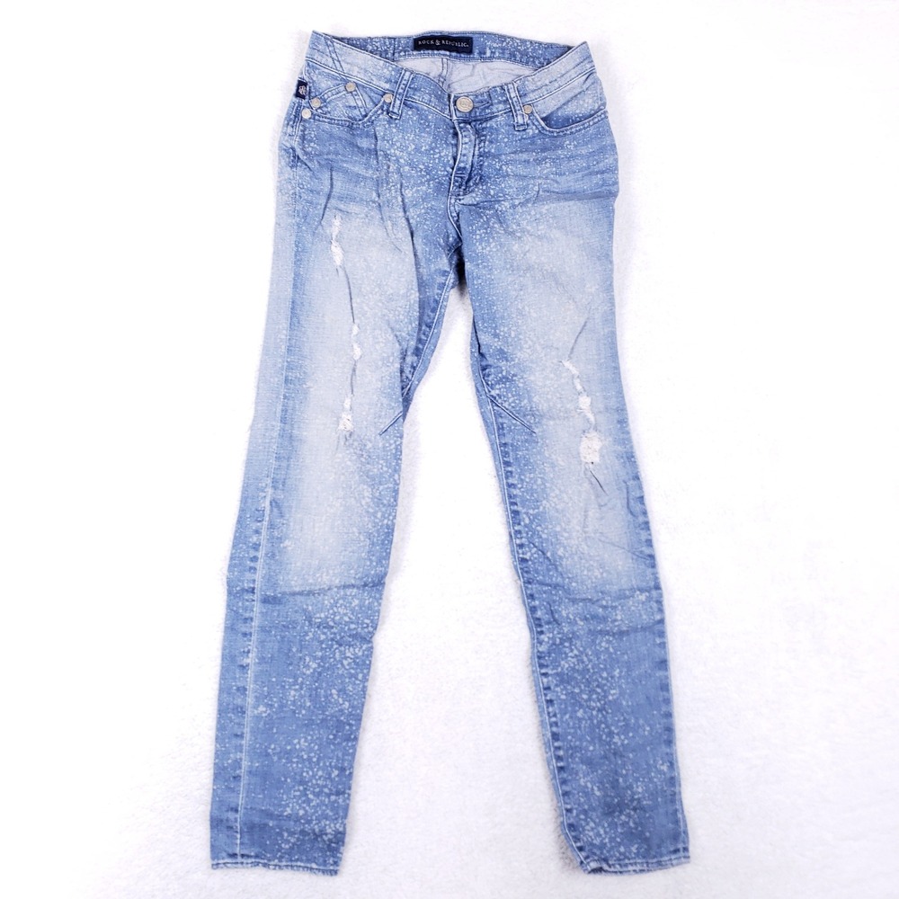 Rock & Republic Jeans Women 0 M Skinny Distressed Acid Wash Blue Splatter Rocker